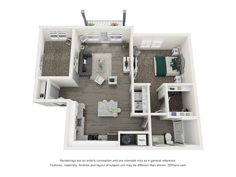 Floor plan for 1 bed, 1 bath, 888 sqft